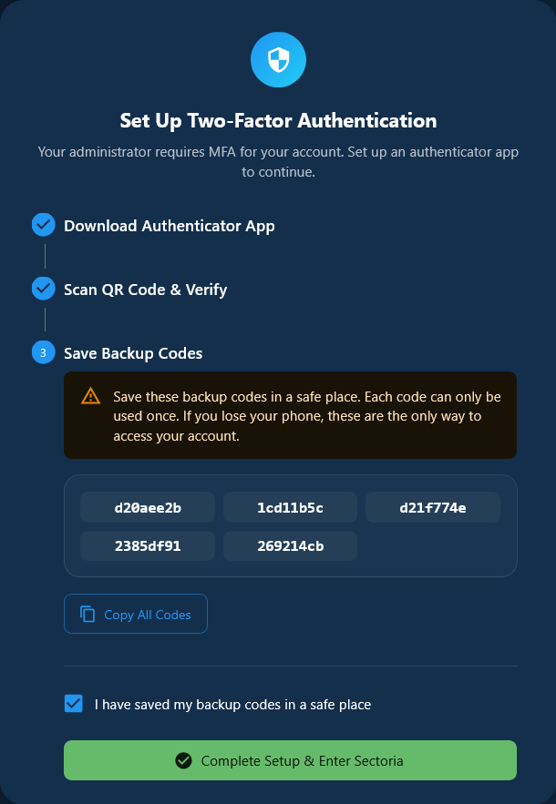 MFA Setup — Backup Codes