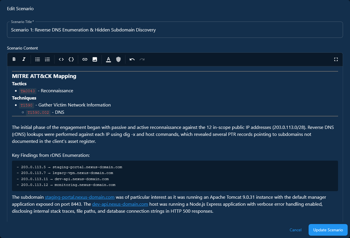Attack Narrative editor with scenario cards