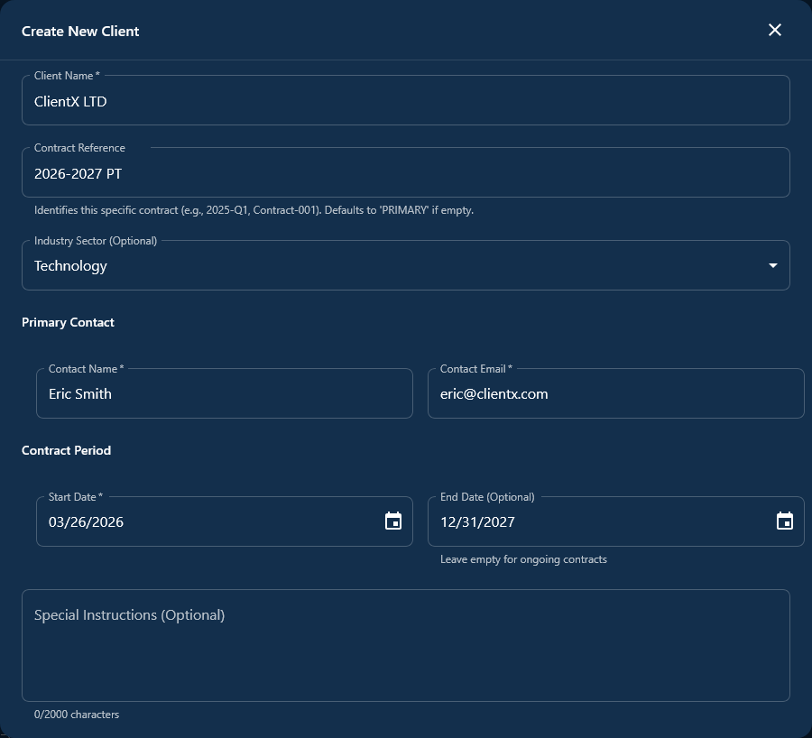 Client list with industry-colored avatars