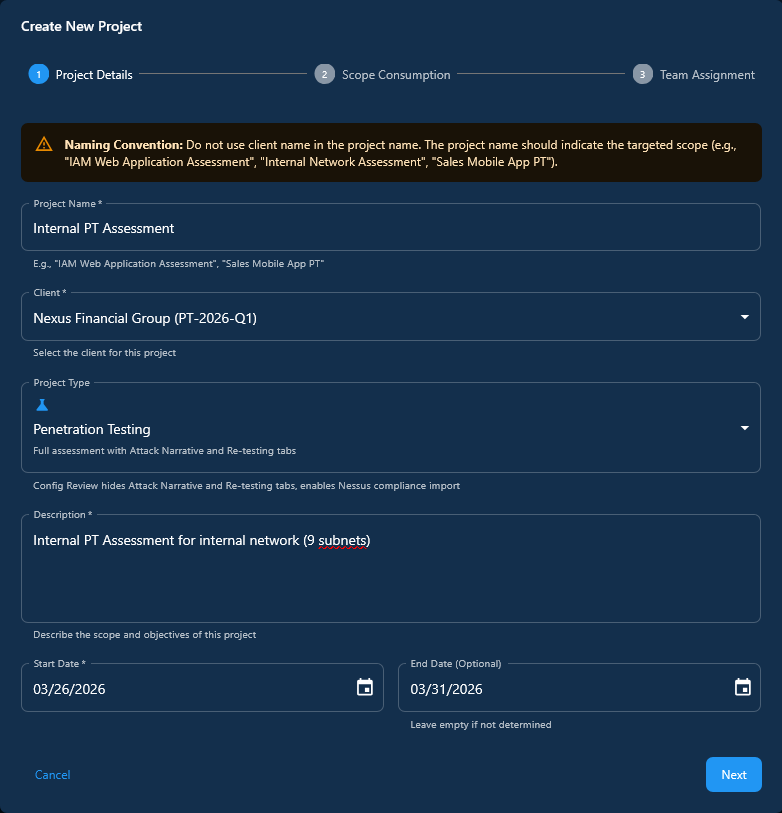 Projects list with status chips, deadlines, and team counts