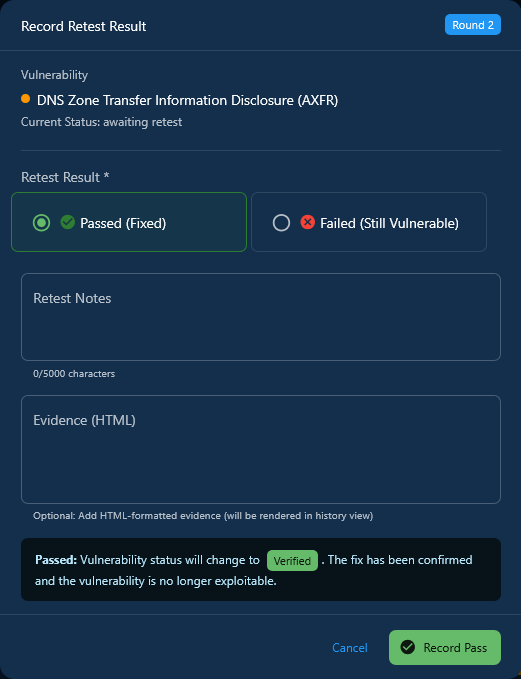 Re-testing remediation tracking