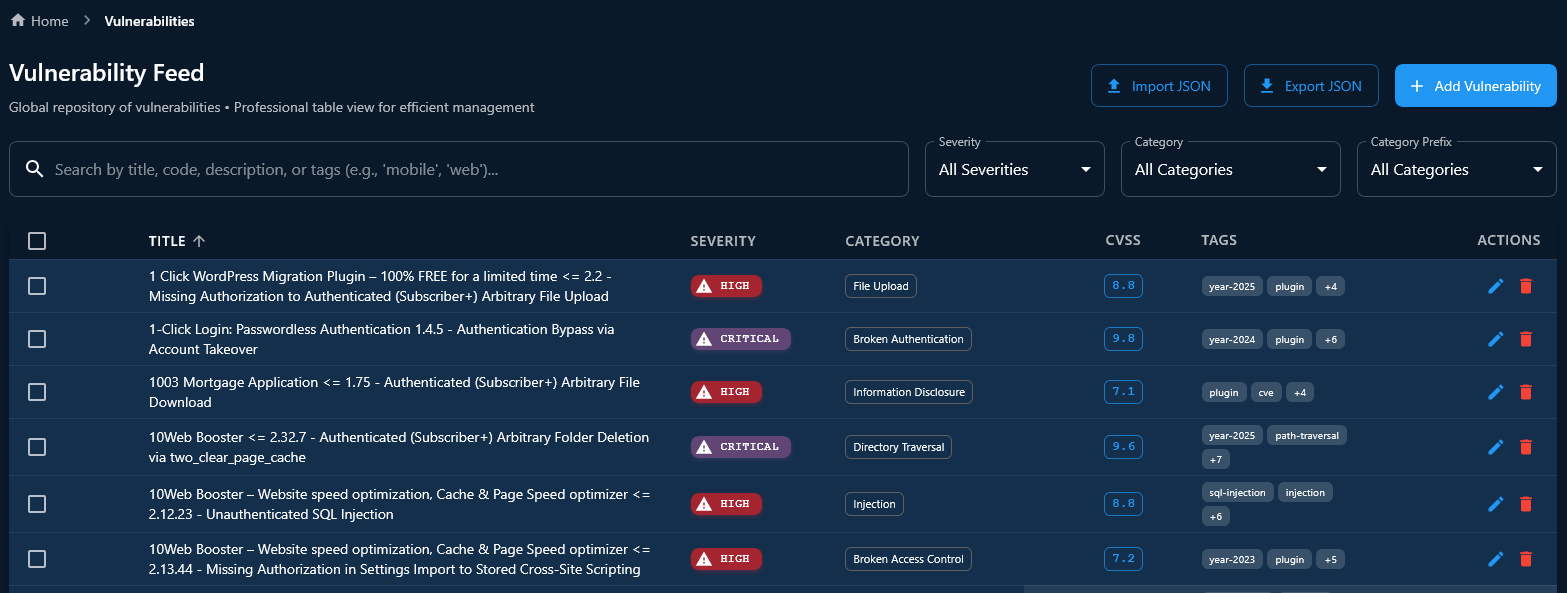 Vulnerability feed table with severity badges, CVSS scores, and filter toolbar