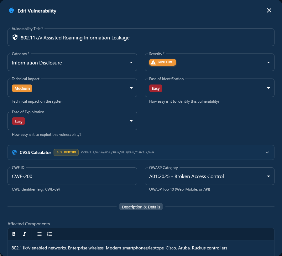 Vulnerability detail page with color-coded chips