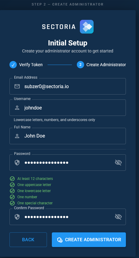 Setup Wizard Step 2 — Create Administrator